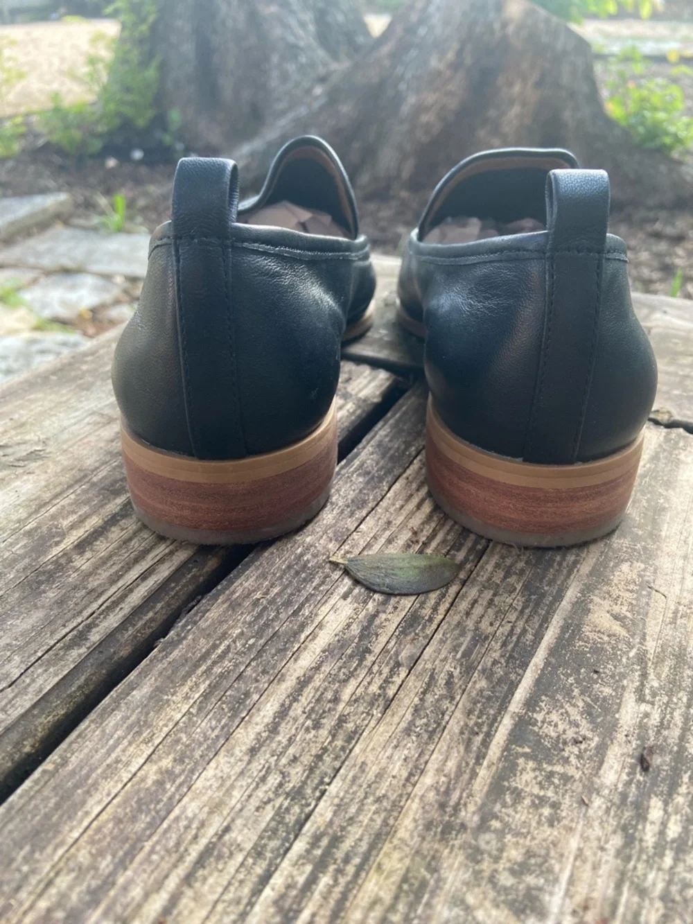 Susina Black Leather Slip-On Loafers with Tan Sole